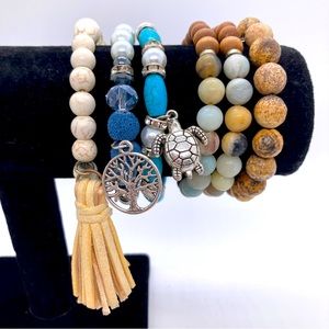 6 Boho Beaded Bracelets Tassle Turtle Tree of Life Stone Faux Pearl